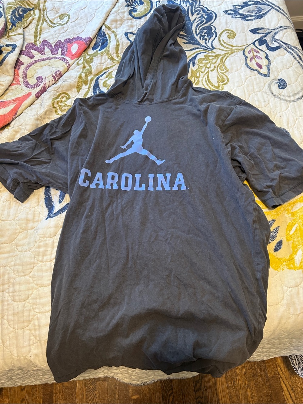 Jordan Men's Charcoal Short Sleeve Hoodie with Carolina Blue Logo